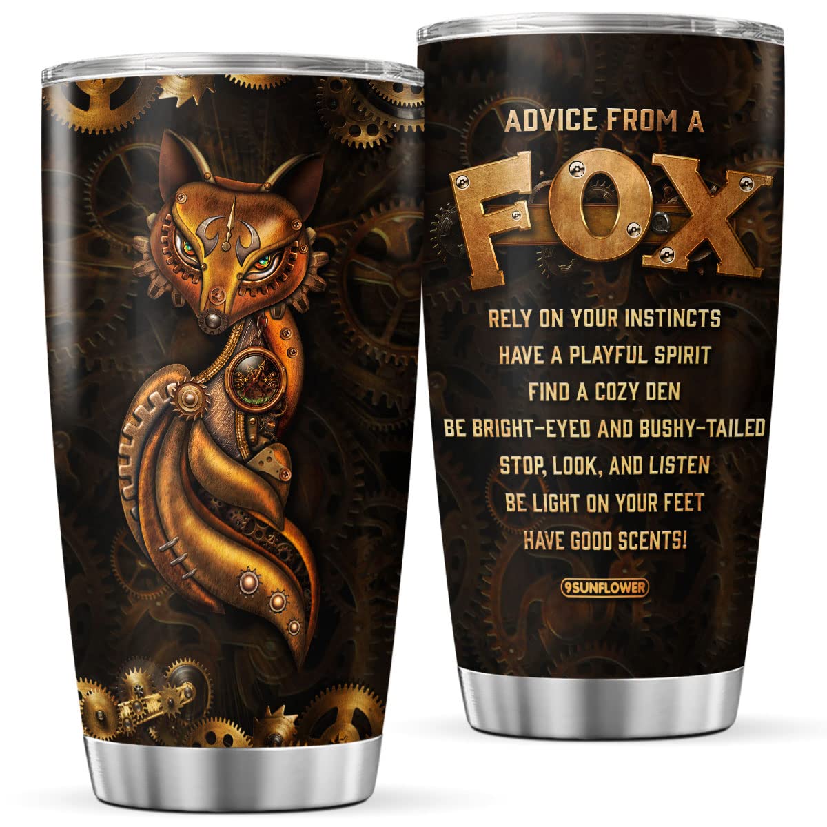 9SUNFLOWER Fox Coffee Tumbler Mechanic Style Birthday Gifts For Girls Women Boys Friends Steampunk Travel Mug With Lid Insulated Cold Drink Cup Inspirational Quotes Drinking Cups