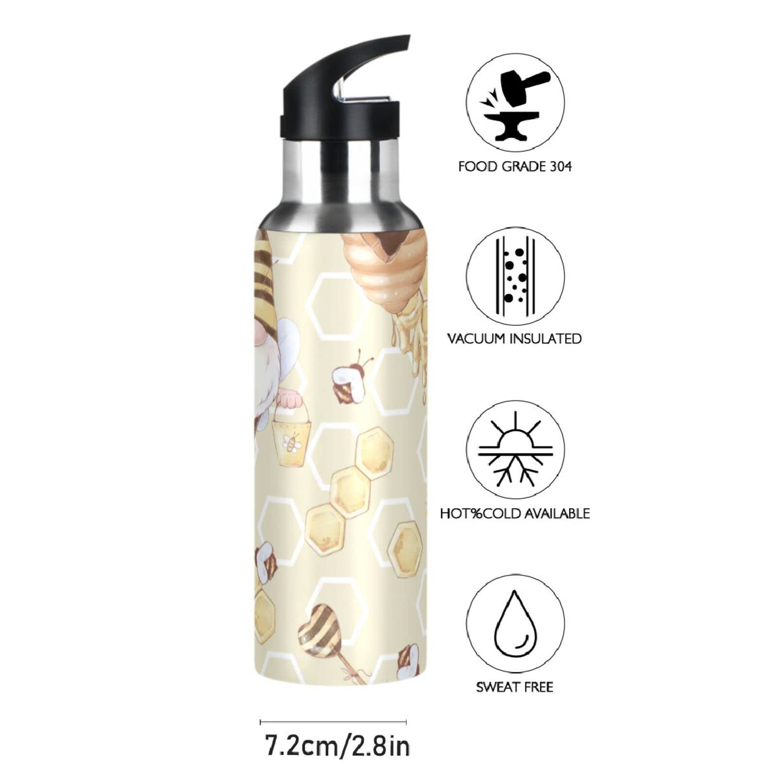 Cute Yellow Gnome Bee Collects Honey Water Bottle Kids Thermos Bottle with Straw Lid Insulated Stainless Steel Water Flask for School Outdoor Sport Leakproof 20 oz