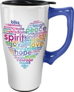 spoontiques - inspiration heart ceramic travel mug - coffee cup for coffee, tea, hot chocolate, and holiday gifts