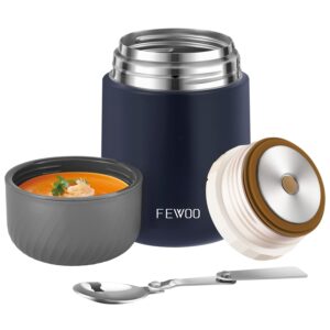 fewoo food thermos - 20oz vacuum insulated soup container, stainless steel lunch box for kids adult, leak proof food jar with folding spoon for hot or cold food (midnight blue)