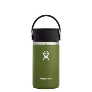 hydro flask 12 oz. coffee travel mug - insulated, stainless steel, & reusable with wide flex sip lid, olive