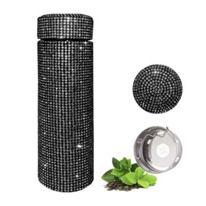 bling crytal 17oz insulated water bottle with strainer,stainless steel thermal bottle,leak-proof double walled vacuum insulated ,diamond vacuum flask for woman to travel, picnic& camping (black)
