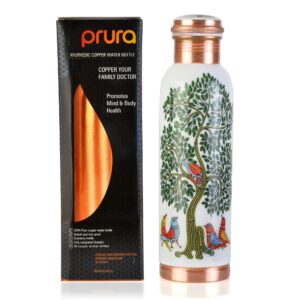 prura pure printed copper water bottle - leak proof ayurvedic drinkware copper vessel for sports, gym, outdoors, yoga, health benefits (30 oz)