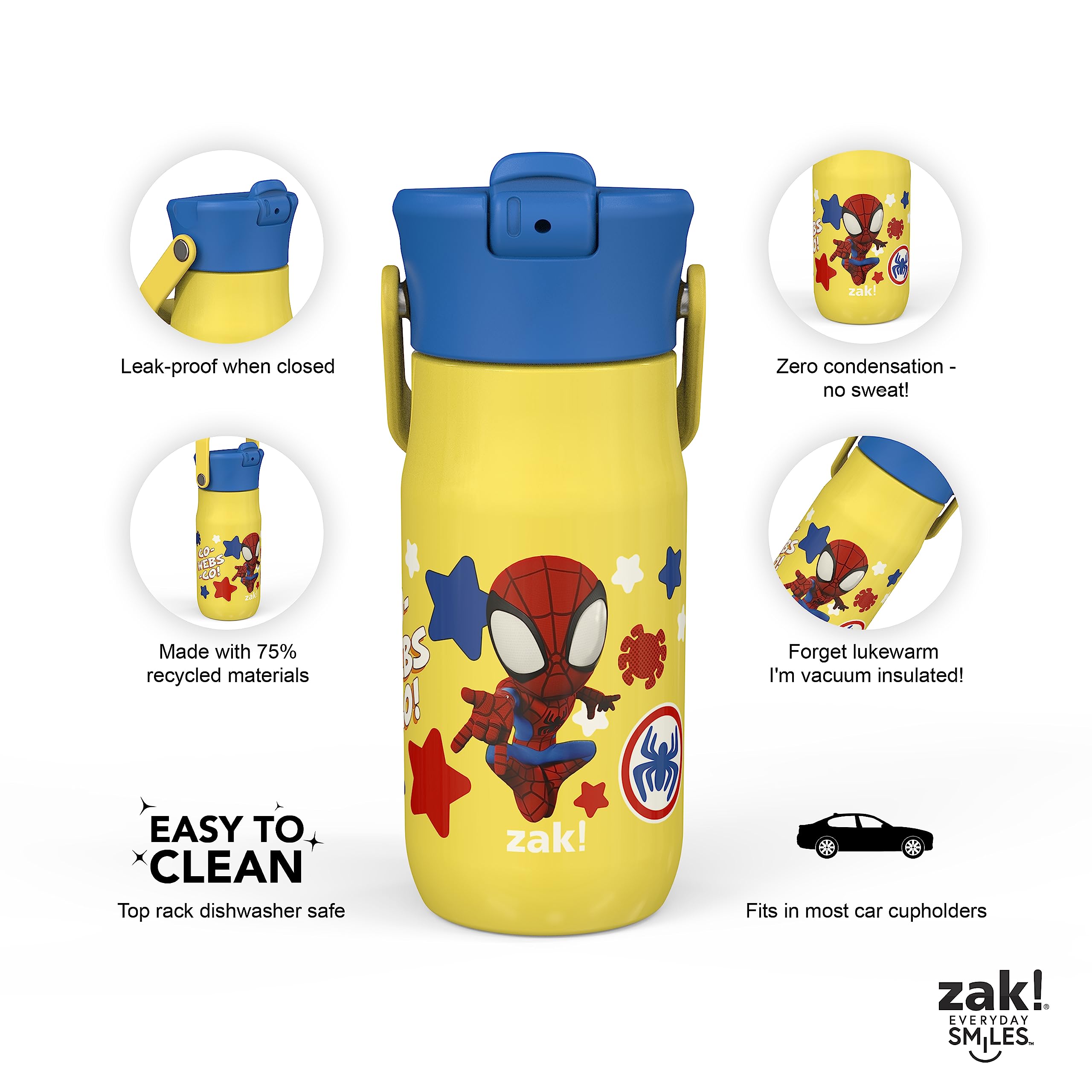 Zak Designs Harmony Marvel Spidey and His Amazing Friends Kid Water Bottle for Travel or At Home, 14oz Recycled Stainless Steel is Leak-Proof When Closed and Vacuum Insulated (Spiderman)