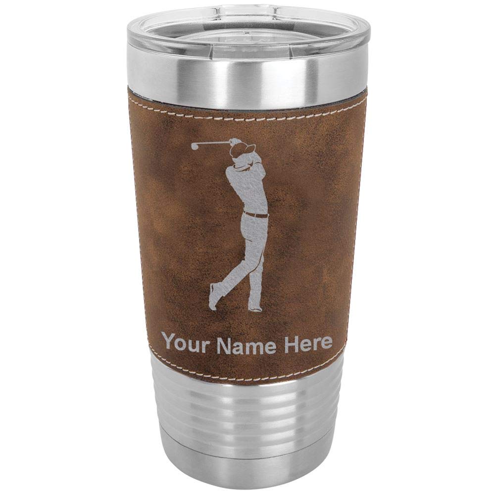 LaserGram 20oz Vacuum Insulated Tumbler Mug, Golfer Golfing, Personalized Engraving Included (Faux Leather, Rustic)