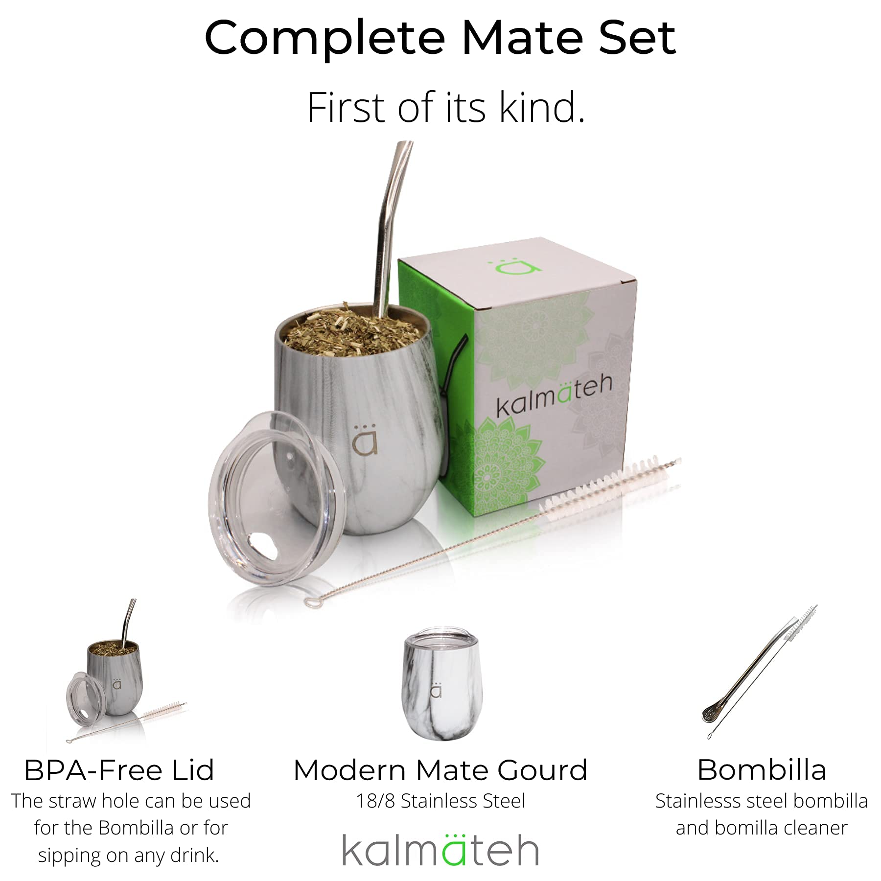 Kalmateh Yerba Mate Gourd - Double Walled Stainless Steel with BPA Free Lid, Bombilla Filter Straw & Bombilla Cleaner -Pastel Pink, 8 oz
