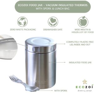 ecozoi Stainless Steel Insulated Lunch Box, Food Jar - Vacuum Insulated Thermos, 17 Oz + Spork + Lunch Bag