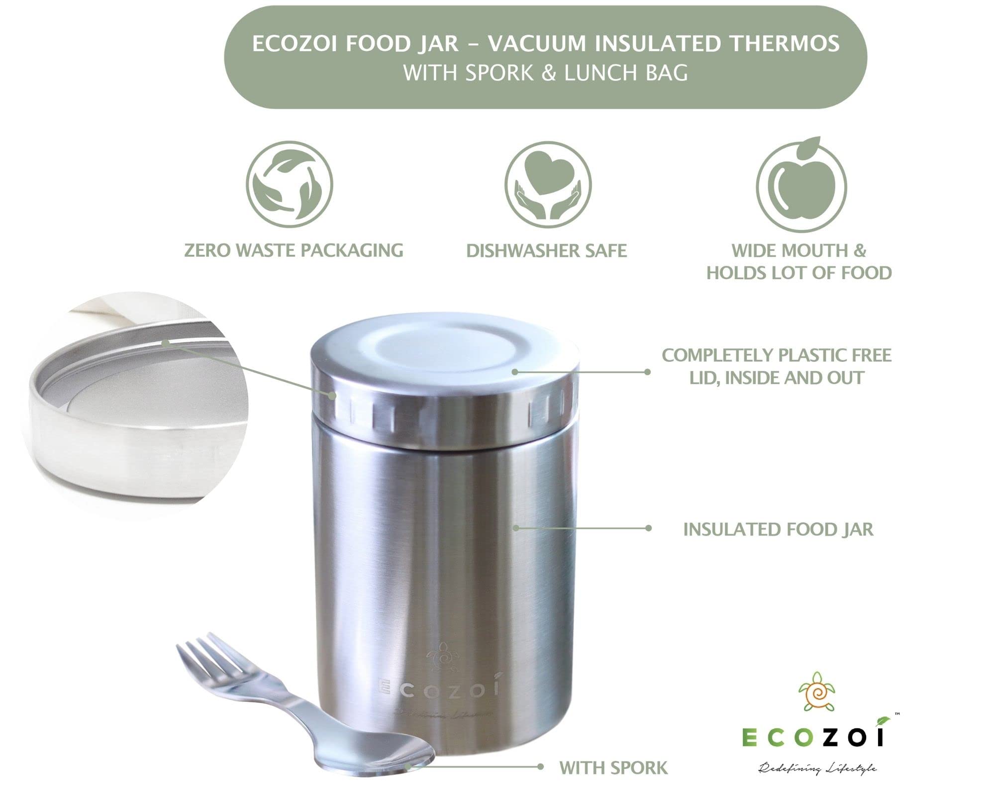 ecozoi Stainless Steel Insulated Lunch Box, Food Jar - Vacuum Insulated Thermos, 17 Oz + Spork + Lunch Bag