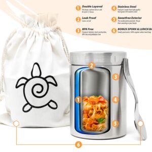 ecozoi Stainless Steel Insulated Lunch Box, Food Jar - Vacuum Insulated Thermos, 17 Oz + Spork + Lunch Bag