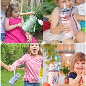 TKK Kids Insulated Water Bottle 16 oz Double Wall Vacuum Stainless Steel Thermos with Leak Proof Straw Lid & Strap Handle & Sticker (Pink)