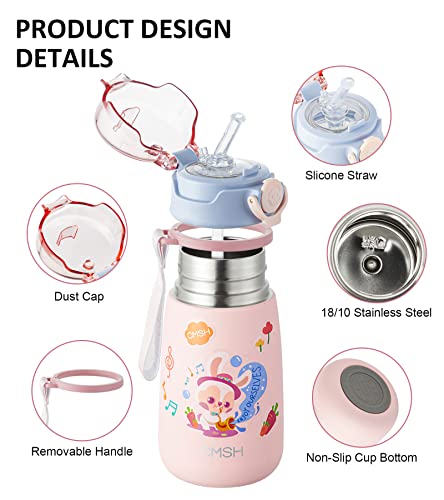 TKK Kids Insulated Water Bottle 16 oz Double Wall Vacuum Stainless Steel Thermos with Leak Proof Straw Lid & Strap Handle & Sticker (Pink)