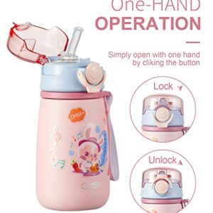 TKK Kids Insulated Water Bottle 16 oz Double Wall Vacuum Stainless Steel Thermos with Leak Proof Straw Lid & Strap Handle & Sticker (Pink)