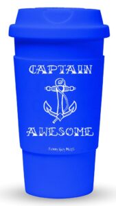 funny guy mugs captain awesome travel tumbler with removable insulated silicone sleeve, blue, 16-ounce