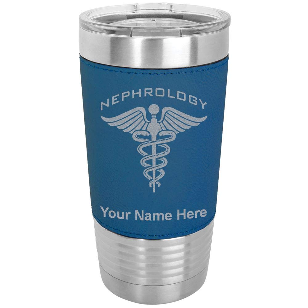 LaserGram 20oz Vacuum Insulated Tumbler Mug, Nephrology, Personalized Engraving Included (Faux Leather, Blue)