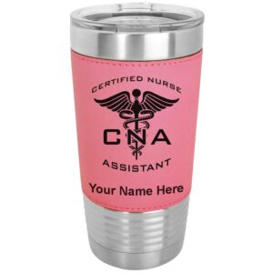 lasergram 20oz vacuum insulated tumbler mug, cna certified nurse assistant, personalized engraving included (faux leather, pink)