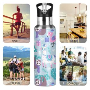 senya 20 Oz Water Bottle with Straw Animals Alpaca Llama Sloth Dinosaur Stainless Steel Water Bottle for Traveling Sports Leakproof Insulated Water Bottle