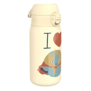 ion8 insulated steel water bottle, 320 ml/11 oz, leak proof, easy to open, secure lock, dishwasher safe, carry handle, flip cover, scratch resistant, raised print, stainless steel, love earth design
