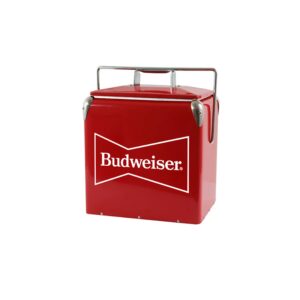 budweiser vintage hard cooler, retro ice chest with attached bottle opener, insulated metal exterior with self-locking handle, 13l capacity