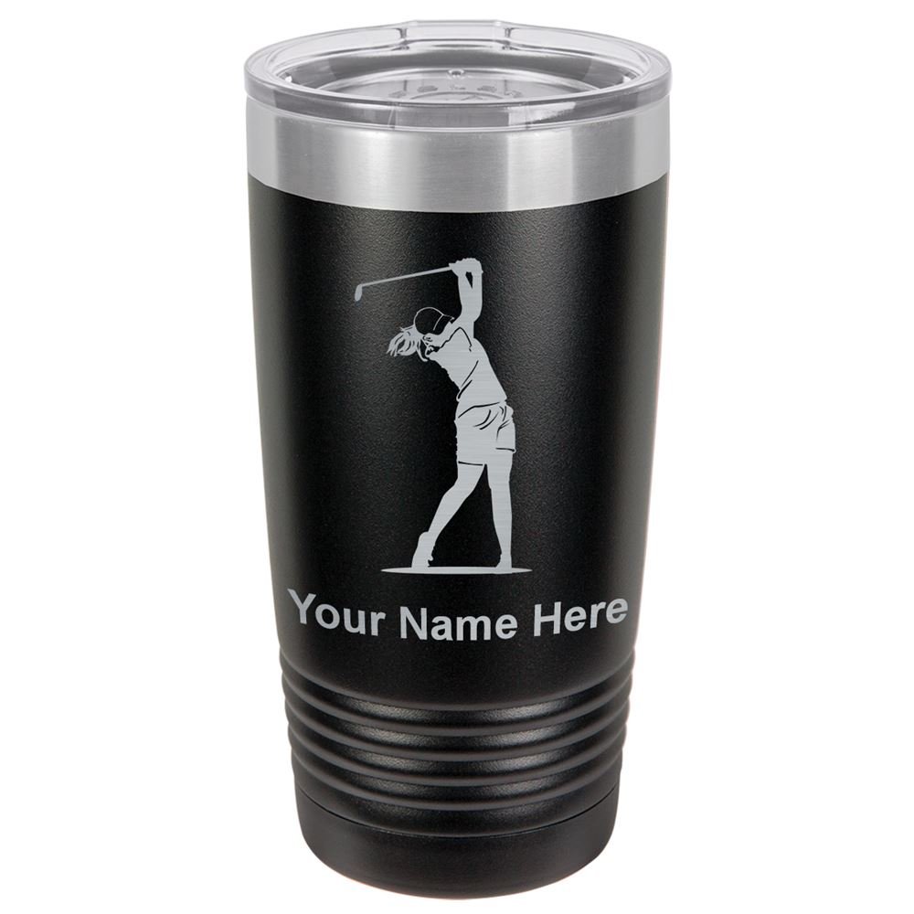 LaserGram 20oz Vacuum Insulated Tumbler Mug, Golfer Woman, Personalized Engraving Included (Black)