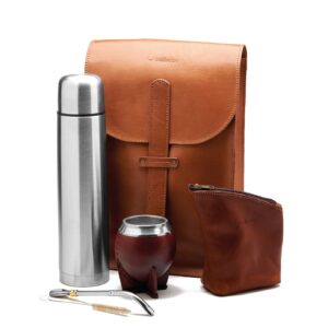 balibetov complete yerba mate kit - handmade matera bag, mate gourd, thermos, yerba container, bombilla and cleaning brush included - premium argentine mate set