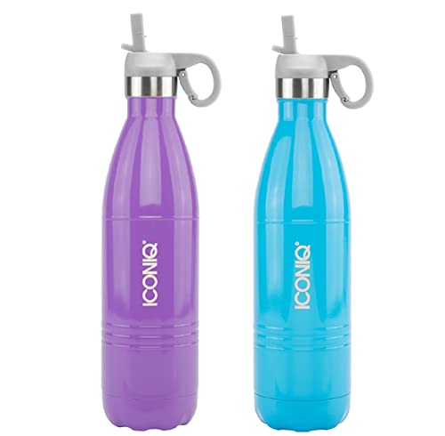 ICONIQ Stainless Steel Vacuum Insulated Water Bottle with Pop Up Straw Cap | 25 Ounce | Gloss Blue + Purple