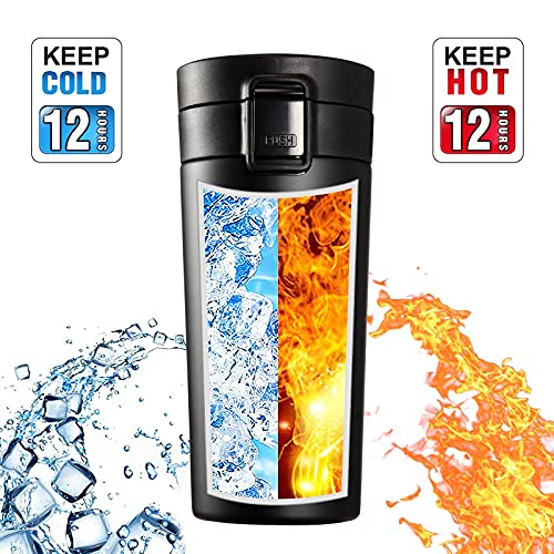 Stainless Steel Water Bottle Vacuum Insulated travel Coffee Cup with Flip Lid wide mouth Double Walled leak proof flask keeps Hot & Cold 12 Hours BPA Free 13oz(Black)