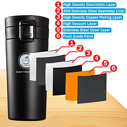 Stainless Steel Water Bottle Vacuum Insulated travel Coffee Cup with Flip Lid wide mouth Double Walled leak proof flask keeps Hot & Cold 12 Hours BPA Free 13oz(Black)