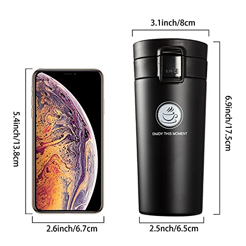 Stainless Steel Water Bottle Vacuum Insulated travel Coffee Cup with Flip Lid wide mouth Double Walled leak proof flask keeps Hot & Cold 12 Hours BPA Free 13oz(Black)