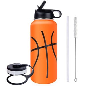 LaiChary 32oz Wide Mouth Basketball Water Bottle with Two Lids(Straw, Handle Lid), 18/8 Stainless Steel Vacuum Insulated for Travel & Sport Cup. (Basketball Brown, 32oz)