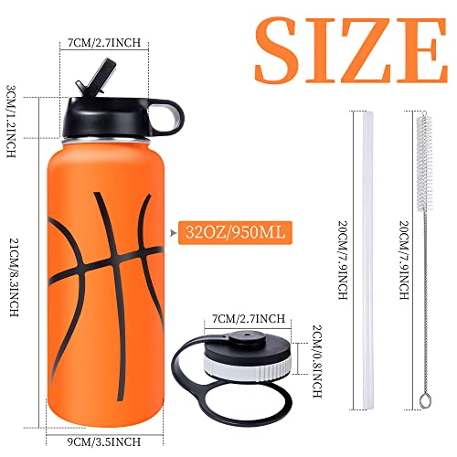 LaiChary 32oz Wide Mouth Basketball Water Bottle with Two Lids(Straw, Handle Lid), 18/8 Stainless Steel Vacuum Insulated for Travel & Sport Cup. (Basketball Brown, 32oz)