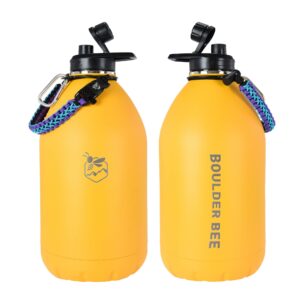 boulder bee | 128 oz insulated water bottles with handle | stainless steel thermos for hot & cold drinks | double vacuum walled | large metal jug for travel, hiking, camping (yellow)