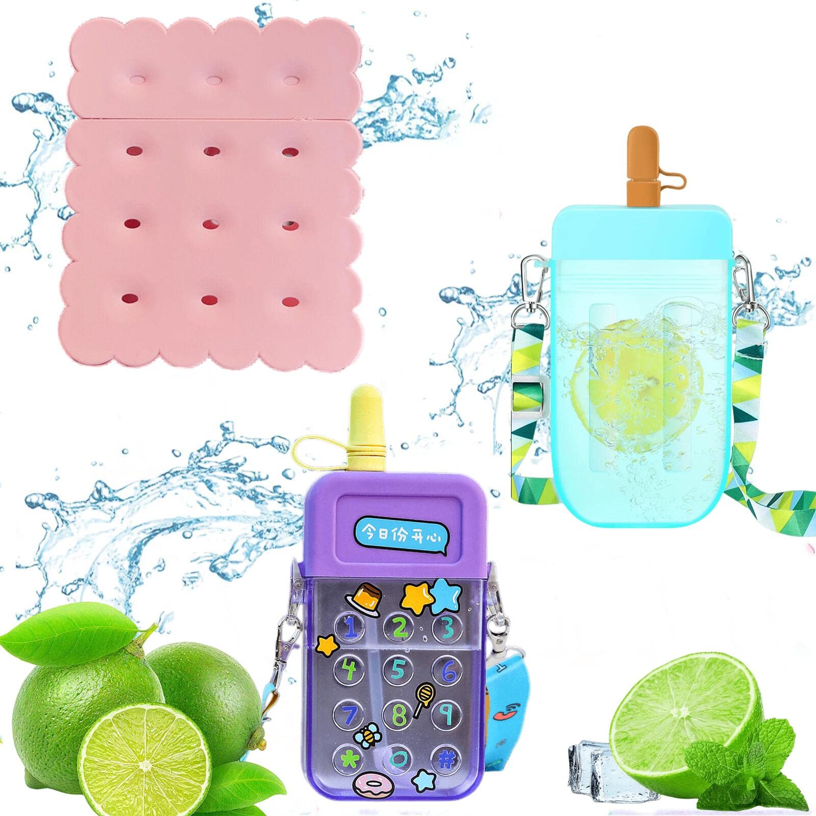 JGMLZK 3 Pieces Cute Water Bottles with Straws Creative Kawaii Mobile phone Biscuit Shaped Ice Cream Bar Adjustable Strap Plastic Water Bottle for Girls Kids School Travel Sports (Blue,Pink,Purple)