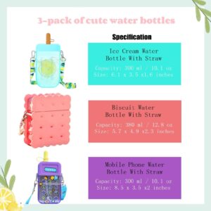 JGMLZK 3 Pieces Cute Water Bottles with Straws Creative Kawaii Mobile phone Biscuit Shaped Ice Cream Bar Adjustable Strap Plastic Water Bottle for Girls Kids School Travel Sports (Blue,Pink,Purple)