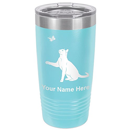 LaserGram 20oz Vacuum Insulated Tumbler Mug, Cat with Butterfly, Personalized Engraving Included (Light Blue)