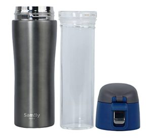 dedeya samily 16oz/473ml stainless steel vacuum insulated glass bottle featured with an easy open flip-top cap, with glass liner inside. keep beverage hot or cold for hours.（navy lid ）