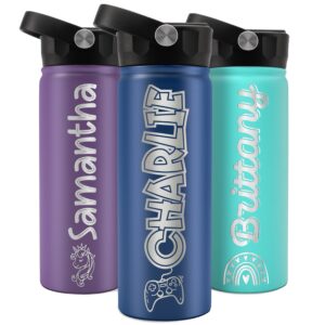 lara laser works personalized kids water bottle for school w 25 icon & name - 18 oz, 9 color options - custom water bottle with straw lid for children, stainless steel, double-wall insulated