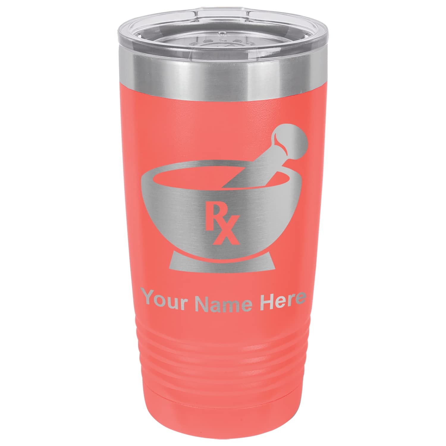 LaserGram 20oz Vacuum Insulated Tumbler Mug, Rx Pharmacy Symbol, Personalized Engraving Included (Coral)