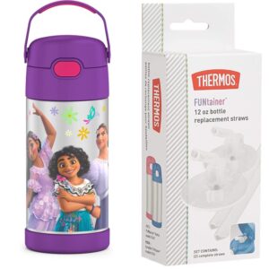 thermos funtainer 12 ounce stainless steel vacuum insulated kids straw bottle, encanto & replacement straws for 12 ounce funtainer bottle, clear, one size (f401rs6)