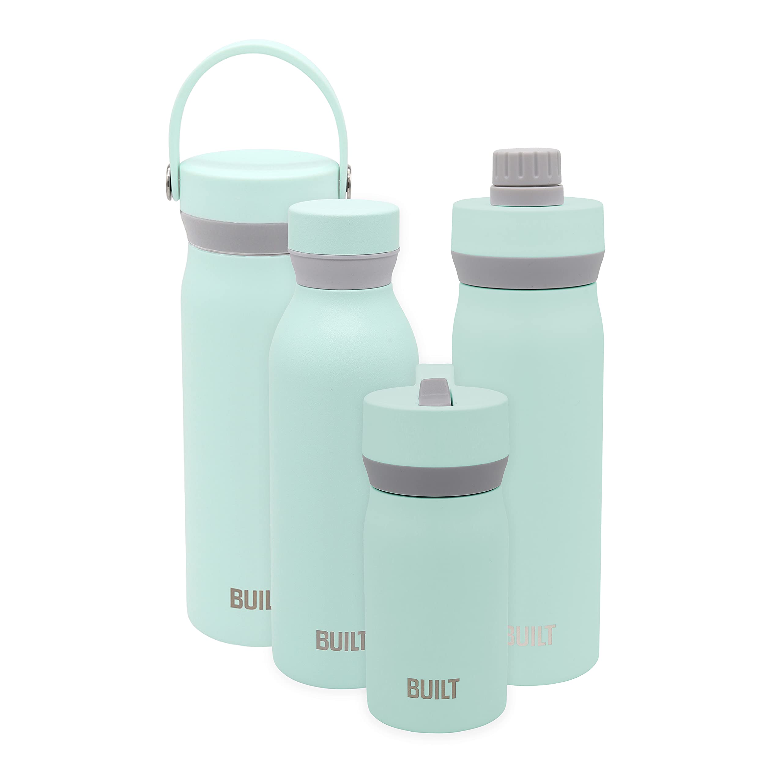 BUILT Cascade Double Wall Vacuum Insulated Stainless Steel Wide Mouth Water Bottle with Comfort Grip and Straw Lid and Carry Handle, 12 Ounces