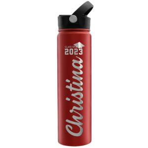 Graduation Gifts - Personalized Water Bottle w Straw Lid, Custom 6 Designs Water Bottle w Name | 24 oz - Red | Double Wall, Vacuum Insulated, Class of 2023, High School, College Gifts