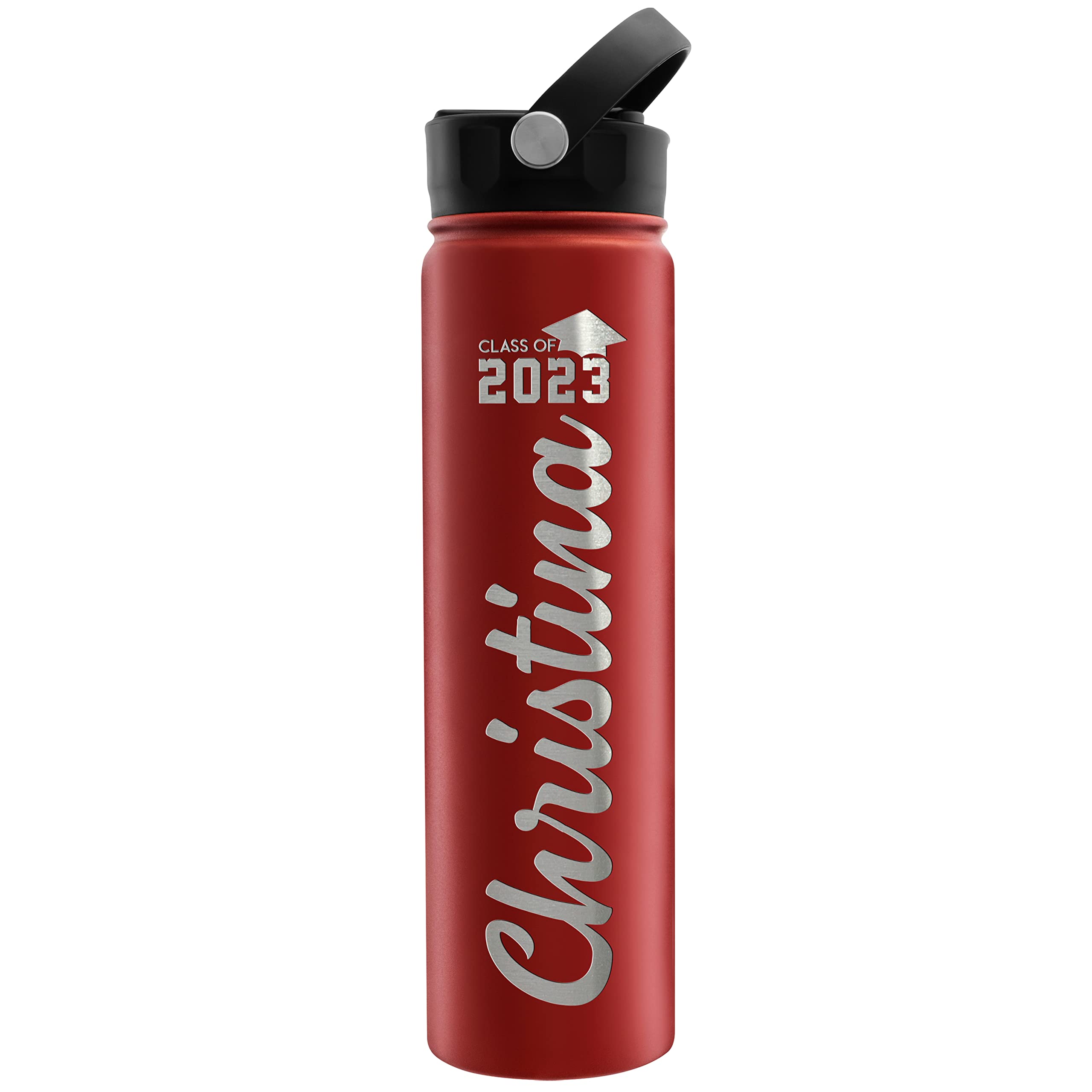 Graduation Gifts - Personalized Water Bottle w Straw Lid, Custom 6 Designs Water Bottle w Name | 24 oz - Red | Double Wall, Vacuum Insulated, Class of 2023, High School, College Gifts