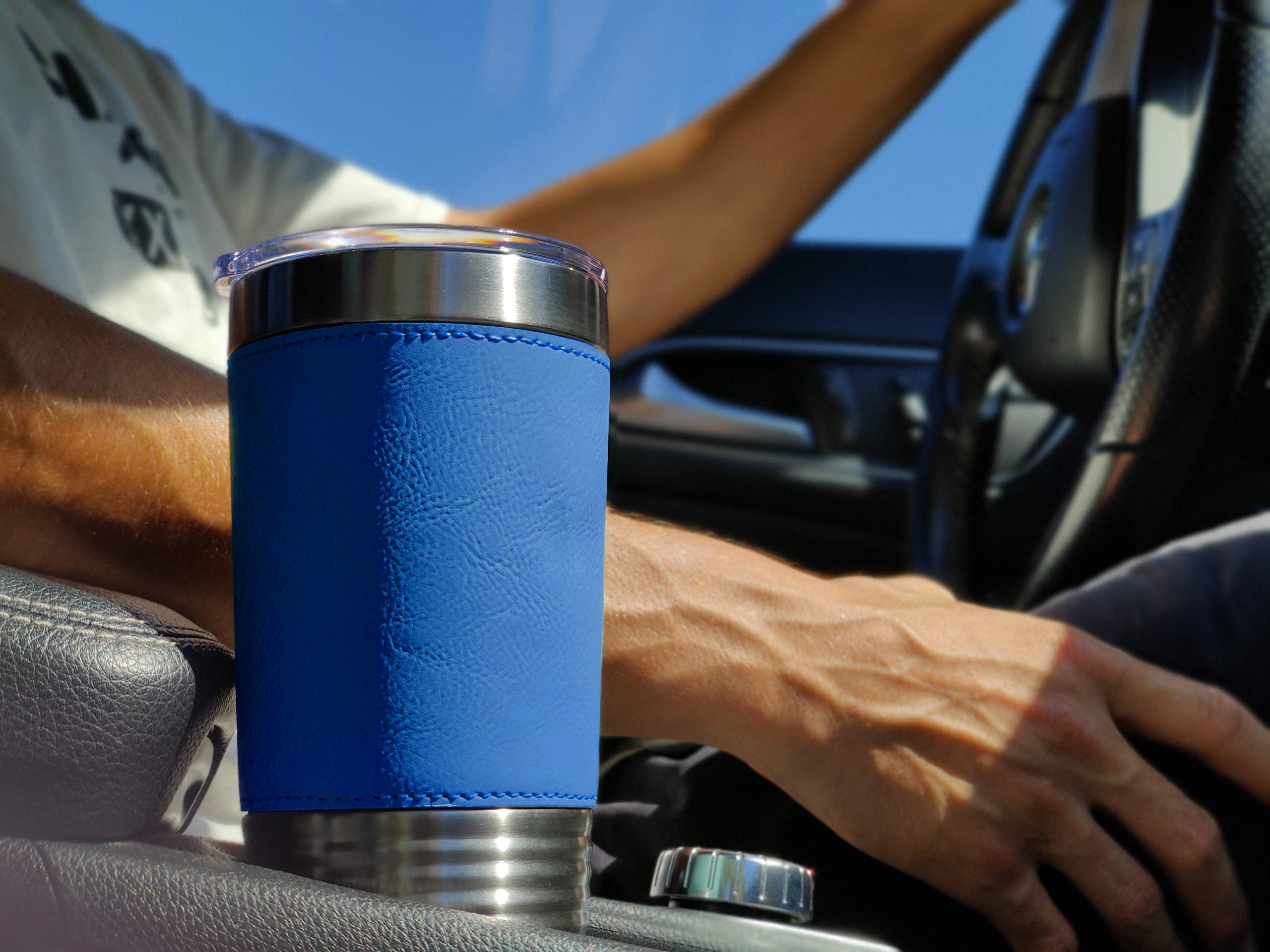 LaserGram 20oz Vacuum Insulated Tumbler Mug, Chiropractic Symbol, Personalized Engraving Included (Faux Leather, Blue)