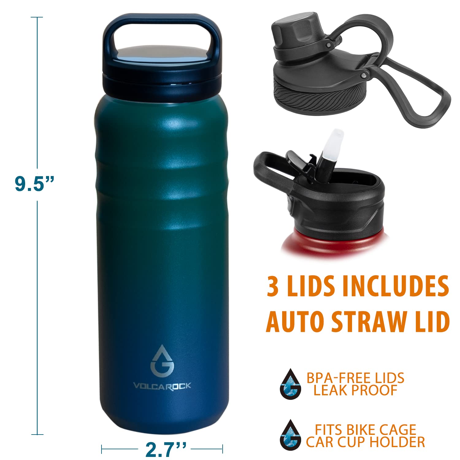 VOLCAROCK Wide Mouth Water Bottle with Straw Lid Dustproof and Leakproof 24/32/40/64 Oz, 3 Lids, Keep Hot Cold All Day Long, Dishwasher Safe and Sweat Free-24 oz Night Blue