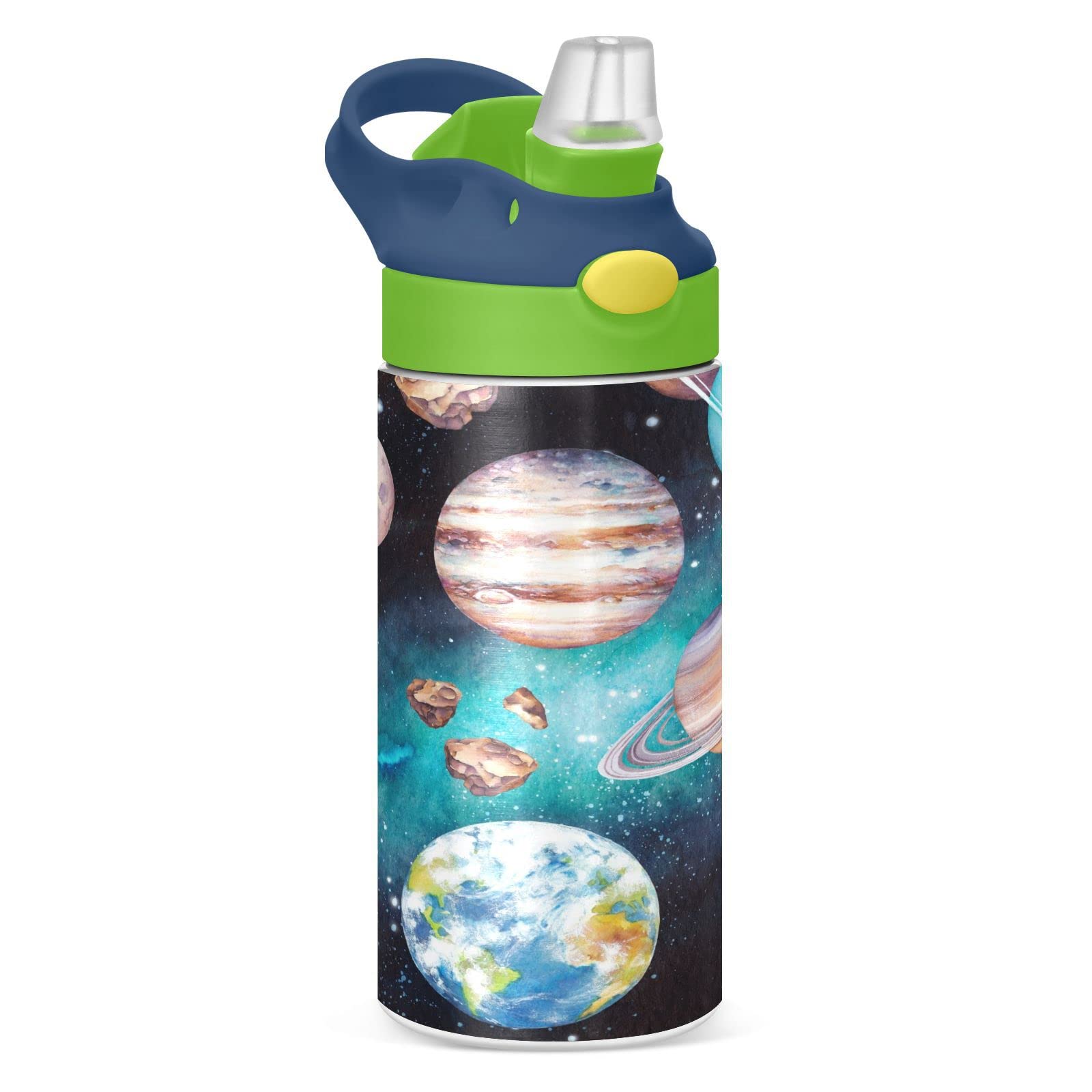 Boccsty Cute Space Solar System Planets Meteorites Kids Water Bottle with Straw Lid Insulated Stainless Steel Reusable Tumbler for Boys Girls Toddlers 12 oz Green