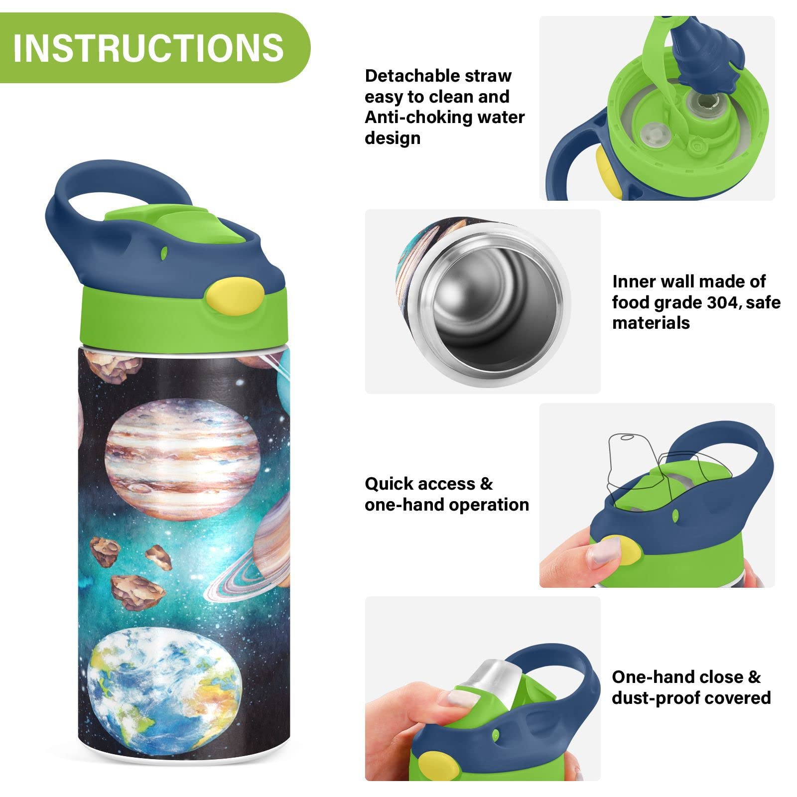 Boccsty Cute Space Solar System Planets Meteorites Kids Water Bottle with Straw Lid Insulated Stainless Steel Reusable Tumbler for Boys Girls Toddlers 12 oz Green