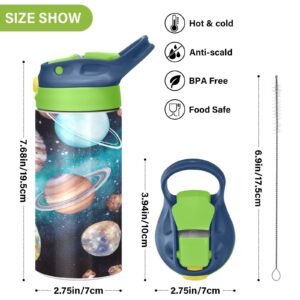 Boccsty Cute Space Solar System Planets Meteorites Kids Water Bottle with Straw Lid Insulated Stainless Steel Reusable Tumbler for Boys Girls Toddlers 12 oz Green