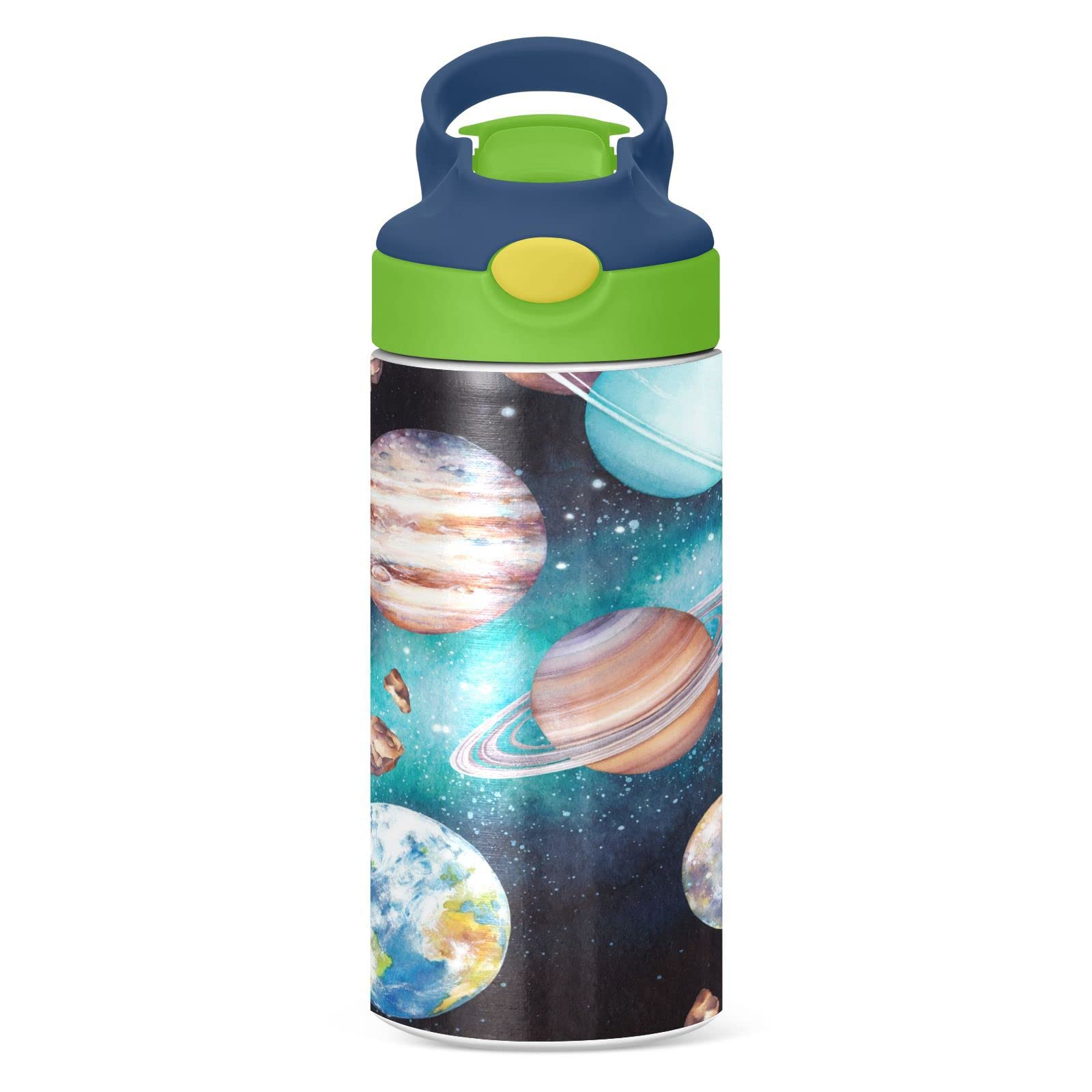 Boccsty Cute Space Solar System Planets Meteorites Kids Water Bottle with Straw Lid Insulated Stainless Steel Reusable Tumbler for Boys Girls Toddlers 12 oz Green