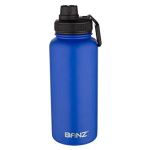 banz double walled, insulated water bottle - large, stainless steel and re-useable vacuum insulated flask includes bonus sports lid - 32 oz - blue