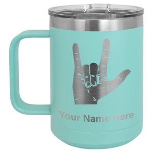 lasergram 15oz vacuum insulated coffee mug, sign language i love you, personalized engraving included (teal)