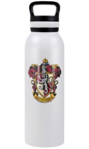 harry potter official gryffindor crest 24 oz insulated canteen water bottle, leak resistant, vacuum insulated stainless steel with loop cap, white
